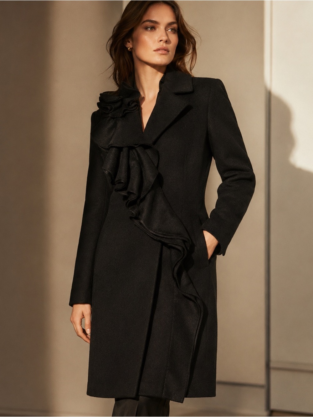 NWT Kobi Halperin Alora Brushed Wool Ruffle Coat Black Small